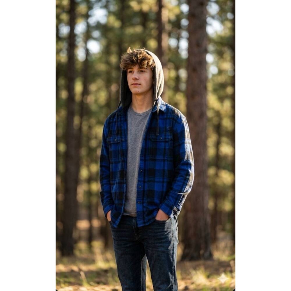 AE Cozy cabin Mens S‎ Hooded Flannel Shacket Blue Black Plaid Cotton Grunge VTG